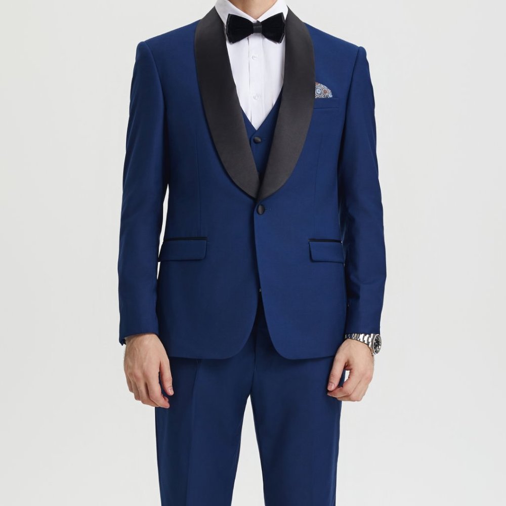 Stacy Adams 3pc Mens Tuxedo Hybrid Fit Shawl Lapel, Blue - Picture 4 of 5